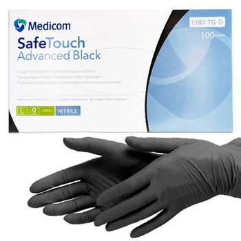 Нітрилові рукавички Medicom, щільність 3.5 г. - SafeTouch Advanced Black - Чорні (100 шт) L (8-9)