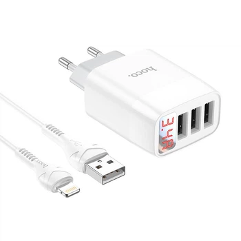 Сетевое зарядное устройство с кабелем USB на Lightning HOCO Easy charge digital display (3USB, 3.4A). White