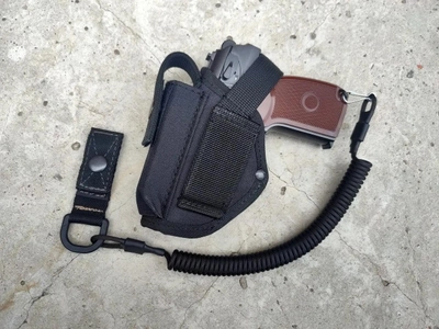 Кобура поясная с подсумком под магазин для пистолета макарова ПМ черная+шнур страховочный (тренчик) 971