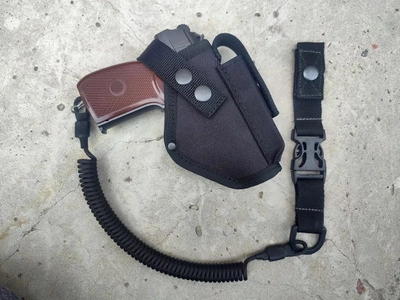 Кобура поясная с подсумком под магазин для пистолета макарова ПМ черная+шнур страховочный (тренчик) быстрый съём 990