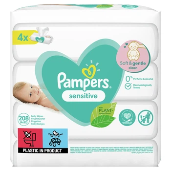 Дитячі Вологі Серветки Pampers Sensitive 4х52 шт для ніжної та чутливої ​​шкіри Maxi 208 штук м'які без спирту