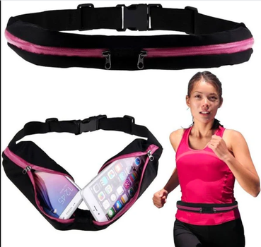 Спортивная сумка на пояс для бега Runbag на два отделения Черно- Розовая