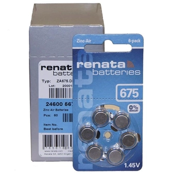 Батарейки для слухового аппарата Renata №675 (PR44, 6 шт)