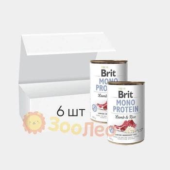 Упаковка вологого корму для собак Brit Mono Protein Dog, з ягням та темним рисом, 400 г (6 шт)