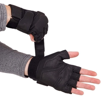 Щільні тактичні армійські рукавички з відкритими пальцями на липучці для риболовлі полювання PRO TACTICAL чорні АН8811 розмір L