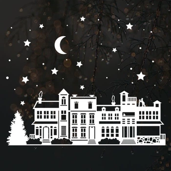 Новогодняя наклейка Новогодний городок (окон витрин снежинки домики звезды) матовая 800х285 мм
