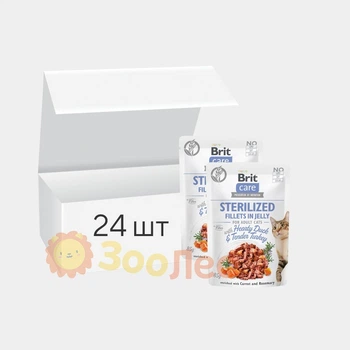 Упаковка влажного корма для стерилизованных кошек Brit Care Cat pouch, филе в желе утка и индейка, 85 г (24шт)