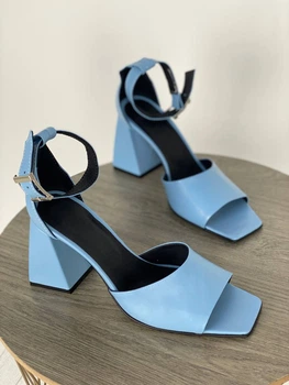 Босоніжки жіночі ShoesBand Блакитні натуральні шкіряні на товстому підборі 37 (24 см) (S55021-3)