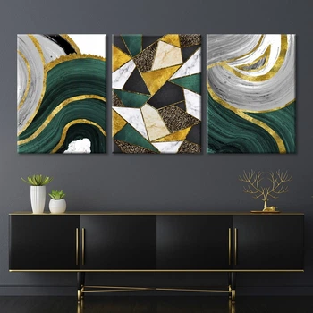 Модульна картина Холстович Gold Green Geometric Abstract 225х100 см. Картина з абстракцією для вітальні, спальні, кухні, офісу, інтер'єру