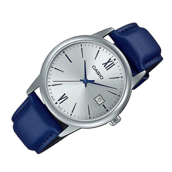 Наручные часы Casio MTP-V002L-2B3 UDF Серебристые с синим кожаным ремешком