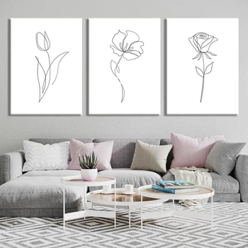 Модульна картина Холстович Flower lines 225х100 см. Картина в стилі мінімалізм Квіткові лінії для вітальні, спальні, кухні, офісу, кафе, салону краси, інтер'єру
