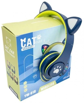 Бездротові дитячі навушники CAT EAR YW-018 з котячими вушками з підсвічуванням MP3 MicroSD FM-радіо синій