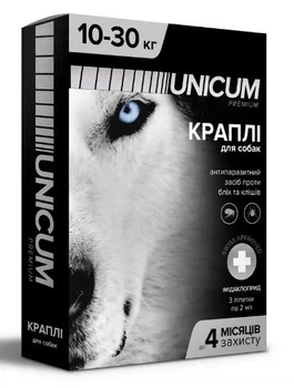 Краплі від бліх та кліщів на загривку для собак Unicum premium 10-30 кг (імідаклоприд), 3 піпетки