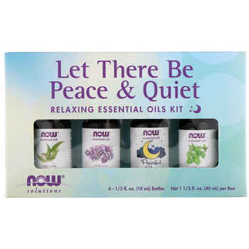 Набор расслабляющих эфирных масел NOW Foods, Solutions "Let There Be Peace & Quiet" лаванда, эвкалипт, перечная мята и смесь для сна (4 флакона по 10 мл)
