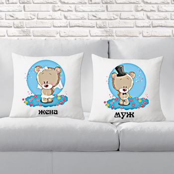 Парные декоративные подушки с принтом "Мишки: Жена и Муж"