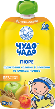 Упаковка пюре Чудо-Чадо Фруктовий салатик з печивом та злаками з 6 місяців 90 г x 16 шт (4820016253674)