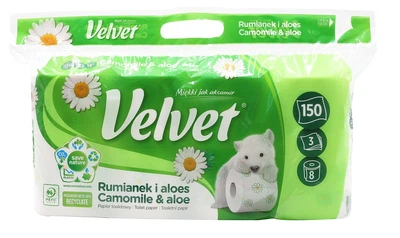 Туалетний папір Velvet Camomile&Aloe тришаровий 150 відривів 8 рулонів