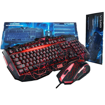 Проводная клавиатура Atlanfa V-100 + игровая мышка с 3 цветами подсветкой в стиле молнии Черная (10930)