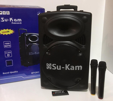 Акустична система Su-Kam BT120D бездротова акумуляторна 1000 Вт + пульт, 2 мікрофона, Bluetooth, AUX, SD/MS/MMC Чорна (12720)