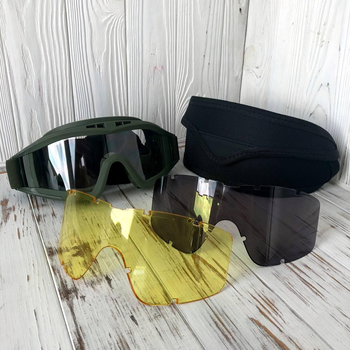 Тактичні окуляри маска Attack з 3-ма змінними лінзами зелені
