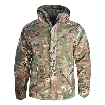 Тактична військова куртка тепла Multicam софтшел, армійська, мембранна, водовідштовхувальна, вітронепроникна з флісовою підкладкою, пальто з капюшоном, бомбер, бушлат, мультикам р.S