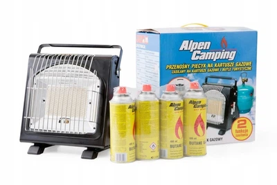Газова плита - обігрівач 2 в 1кухня переносна портативна ALPEN CAMPING + 4 балони комплект з регулюванням температури для відпочинку на природі