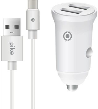 Автомобильное зарядное устройство Piko CC-312 2xUSB 15W 3.1A с кабелем USB-A to Type-C Белое (1283126538803)