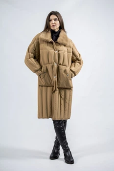 Жіночий оверсайз пуховик з норковим хутром, кемел, стиль casual Basic (кемел, L), 38407, 28556