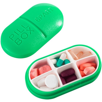 Таблетница органайзер для таблеток форме пилюли на 6 ячеек зеленая