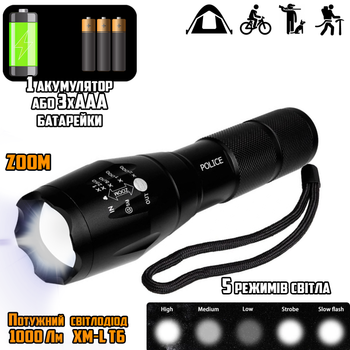 Фонарь Bailong Police P1831BL Cree XM-L-T6, 1000 люмен, 5 режимов, аккумуляторный, влагозащищённый
