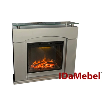 Каминокомплект IDaMebel Laguna серый из стеклянной панели (1245x1065x370) с камином Royal Goodfire 28 с обогревом и звуком, яркостью пламени и цветной подсветкой дров