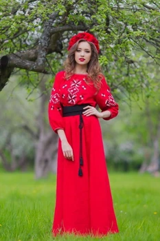 Жіноче довга сукня-вишиванка з льону з рукавом три чверті Сучасні вишиванки XXS-XS Червоне (П16-261)