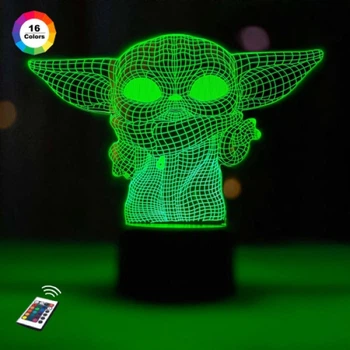 3D ночник "Малыш Йода 3" (УВЕЛИЧЕННОЕ ИЗОБРАЖЕНИЕ) подарочная упаковка + 16 цветов + пульт ДУ + сетевой адаптер&nbsp;+ батарейки (3ААА) &nbsp;3DTOYSLAMP