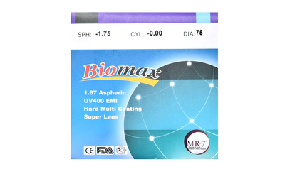 Полімерна асферична лінза BIOMAX UV400+EMI Ind. 1,67 Ø75-70 (0,0/-15,0)