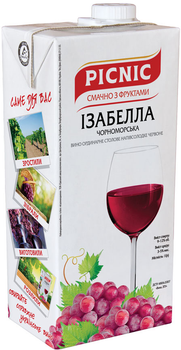 Вино Picnic Ізабелла чорноморська червоне напівсолодке 9-12% 1 л (4820275980137)