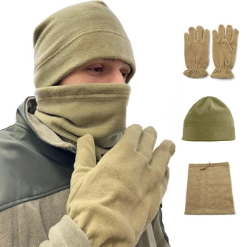 Комплект зимний флисовый перчатки тактические, шапка и бафф беж Kompred Art-430