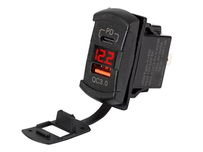 Автомобильная USB зарядка QC 3.0 + PD Type-C с вольтметром в место штатной кнопки, заглушки Red