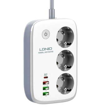 Мережевий подовжувач фільтр LDNIO SEW3452 |WiFi Управління, 2500W, 2M, 3 розетки, 3USB/1Type-C, QC/PD, 3A/38W| White