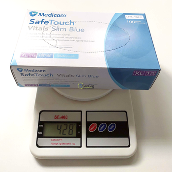Нітрилові рукавички Medicom, щільність - 3.2 г. - Slim Blue (блакитні) - 100 шт L (8-9)