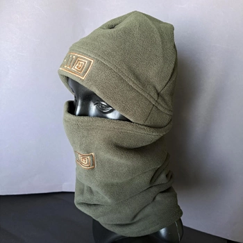 Комплект шапка и бафф флисовая теплая тактическая 5.11 Tactical мужская женская зимняя Оливковый (0312)