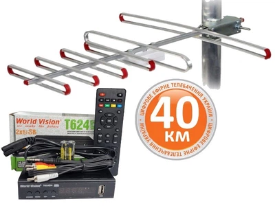Комплект Т2 телевидения ( Тюнер DVB-T2 World Vision T624D4 IPTV+ Антена для Т2 наружная Super 4 ( 40 км от ретранслятора) )