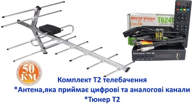 Комплект Т2 телевидения (Тюнер DVB-T2 World Vision T624D4 IPTV+ Антенна для Т2 наружная Волна 1-06)