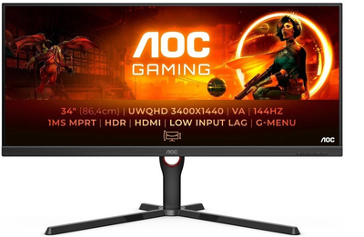 Монітор 34" AOC U34G3XM/EU -- UWQHD / 144 Hz / 8-bit / sRGB 121% / Adaptive Sync / G-SYNC Compatible / Freesync Premium / DisplayHDR 10