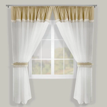 Короткие тюлевые шторы для кухни Adagio Windows Decor Ксения, бежевая занавеска с боковыми подхватами 140х170см (2шторы)