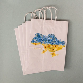 Пакет подарочный с патриотичным рисунком eko-kraft 260*150*350 мм Белый крафт пакет брендированный с ручками "Карта Украины" упаковка 5 шт