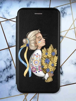 Чохол-книжка з малюнком для Xiaomi Redmi 7A Чорний; Українка з колосками (принт 173)