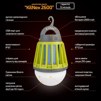 Фонарь KILNEX для кемпинга с защитой от комаров 2600 MAH на аккумуляторе, зарядка USB (IP 67)