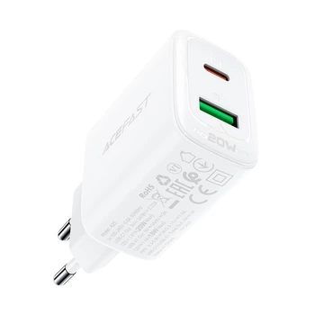 Сетевое зарядное устройство Acefast A25 1 USB/ 1 Type-C 3A 20W PD QC белое