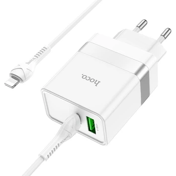 Сетевое зарядное устройство Hoco N21 + кабель Lightning Extension Speed Lightning (1 метр, USB + Type-C, 3A, 30W, адаптер, с быстрой зарядкой) - Белый