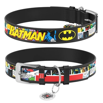 Ошейник для мелких собак и щенков кожаный WAUDOG Design Batman 1 чёрный с QR паспортом дизайнерский с металлической фурнитурой длина 18–24 см ширина 12 мм размер XXS арт. 0012-1003-01